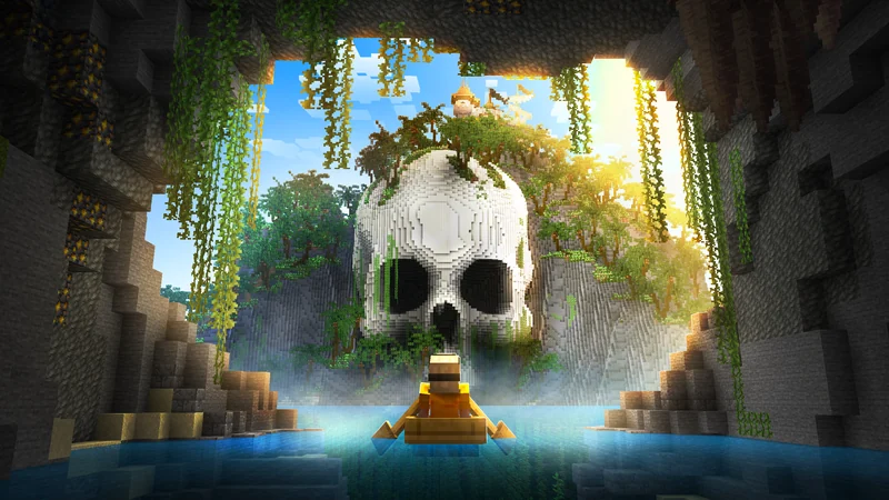 Atmospheric Minecraft pirate island with a skull-shaped cavern
