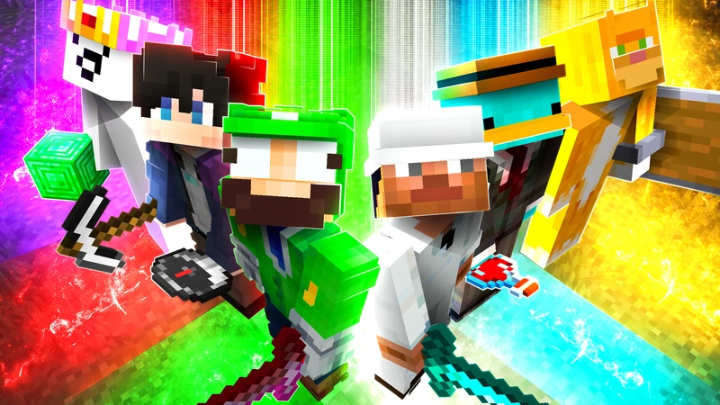 Test C: a close, overhead composition of LuigiToan’s Minecraft team and colorful weapons.